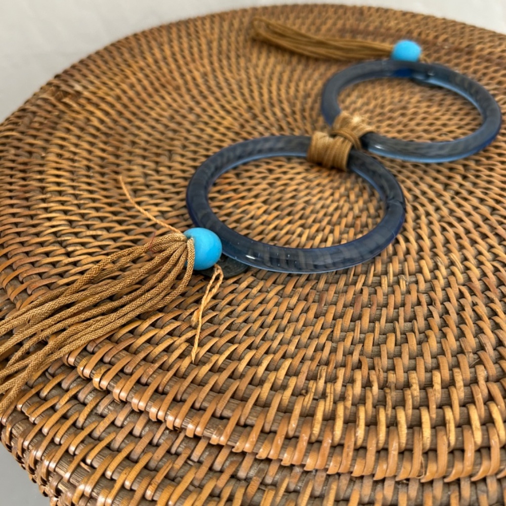 LARGE 15" Vintage Chinese Sewing Basket w Coin Beads Tassels Blue Glass Rings